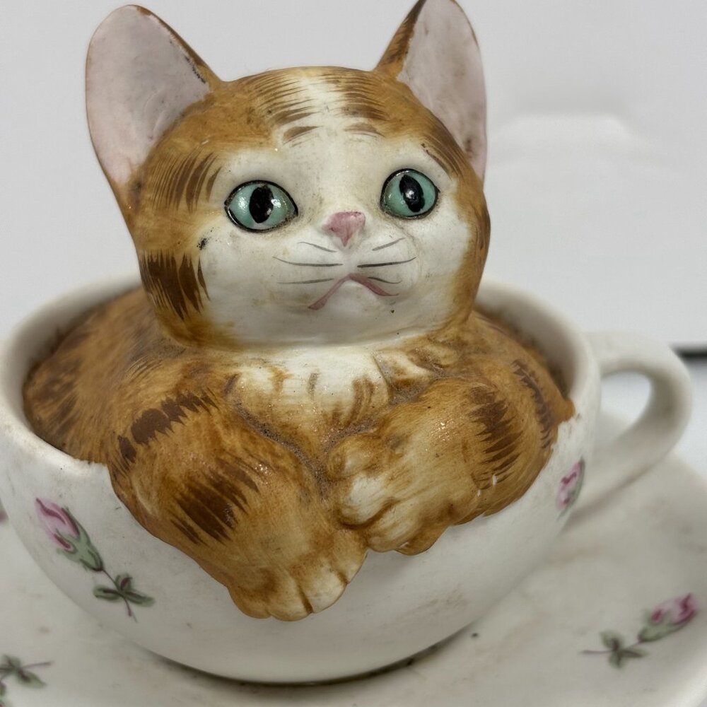 VTG Music Box Cat Figurine In Teacup With Saucer Hand-Painted Ceramic Floral Des - Picture 7 of 16